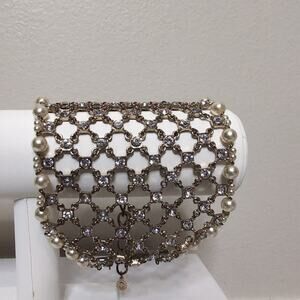 Rhinestone and Faux Pearl Mesh Cuff Bracelet Gothic